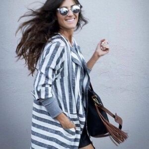 Anthropologie | Linen Blend Black White Striped Lagenlook Blazer Jacket Medium